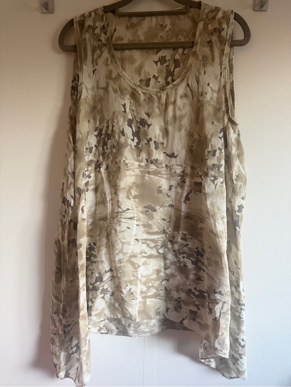 3 for $40 - Unbranded 100% Silk Tunic Top Abstract Neutral Print High Low Hem L